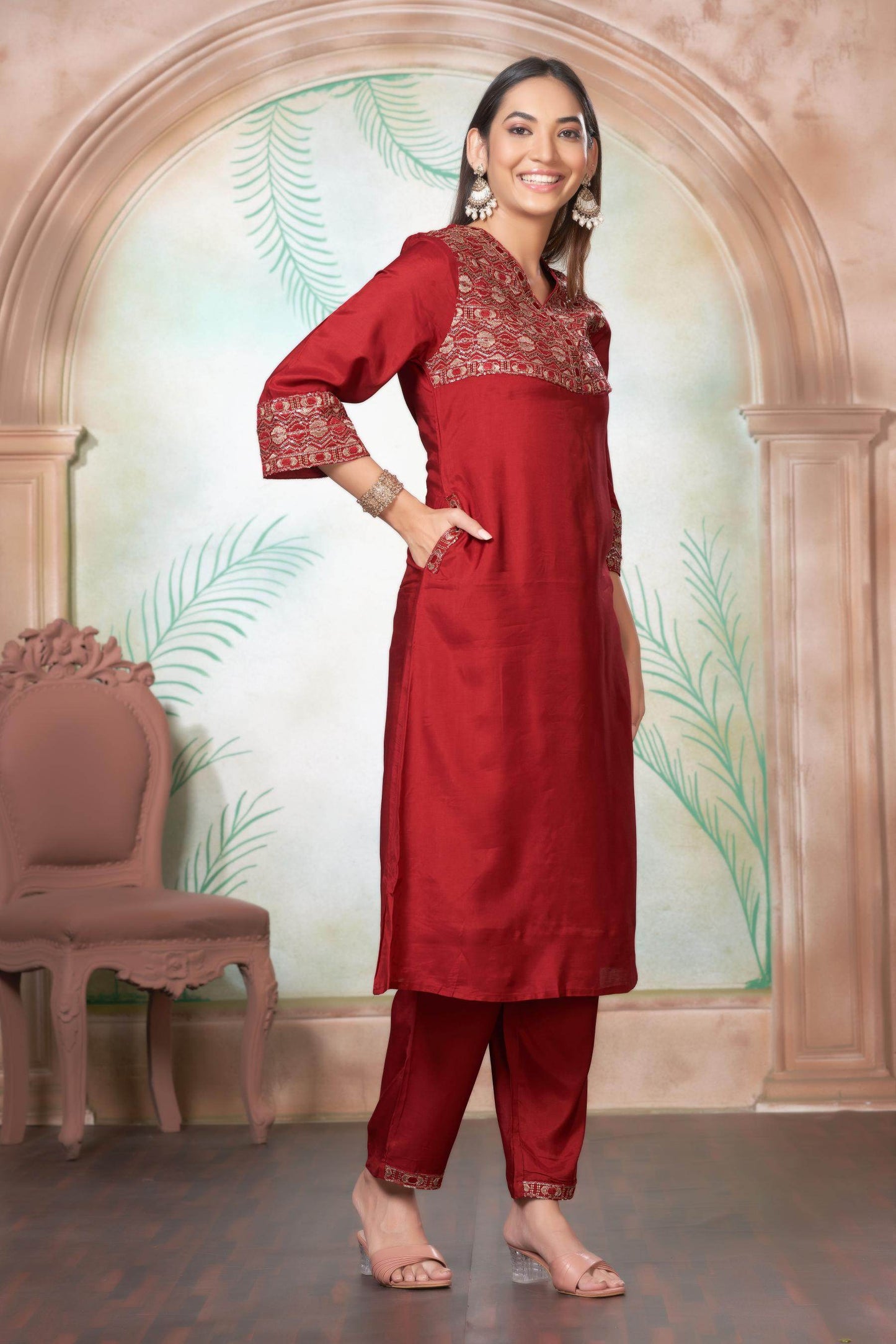 Ashima Beige & Red Cotton Kurta Set with Dupatta | Elegant Ethnic Wear for Women