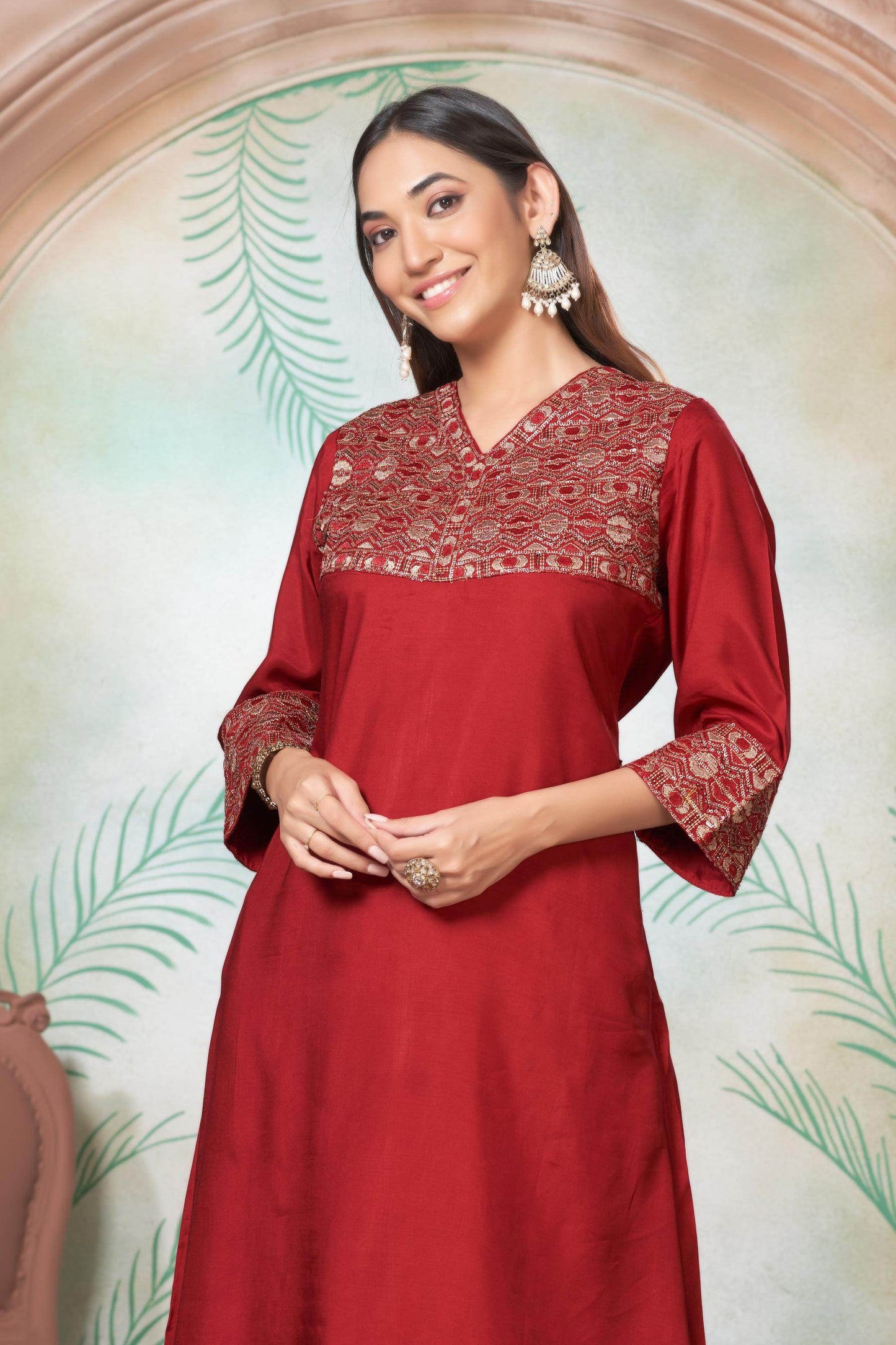 Ashima Beige & Red Cotton Kurta Set with Dupatta | Elegant Ethnic Wear for Women