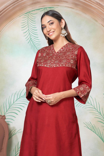 Ashima Beige & Red Cotton Kurta Set with Dupatta | Elegant Ethnic Wear for Women