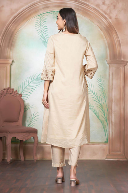 Ashima Beige & Red Cotton Kurta Set with Dupatta | Elegant Ethnic Wear for Women