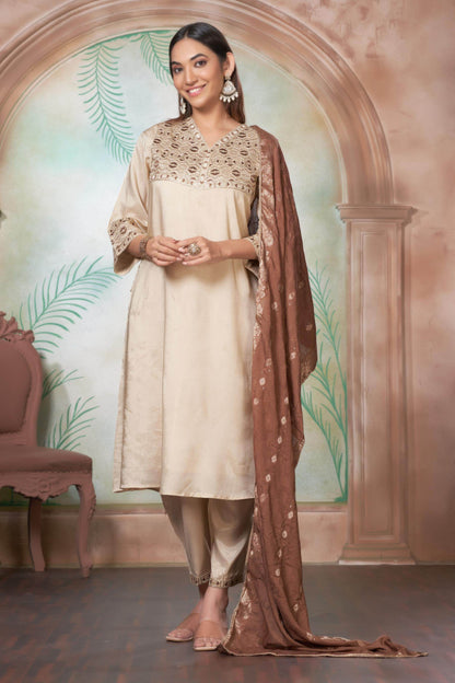 Ashima Beige & Red Cotton Kurta Set with Dupatta | Elegant Ethnic Wear for Women
