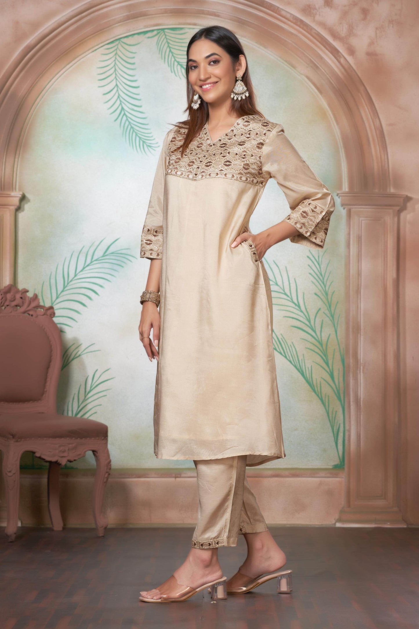 Ashima Beige & Red Cotton Kurta Set with Dupatta | Elegant Ethnic Wear for Women