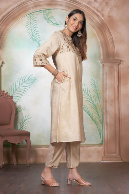 Ashima Beige & Red Cotton Kurta Set with Dupatta | Elegant Ethnic Wear for Women