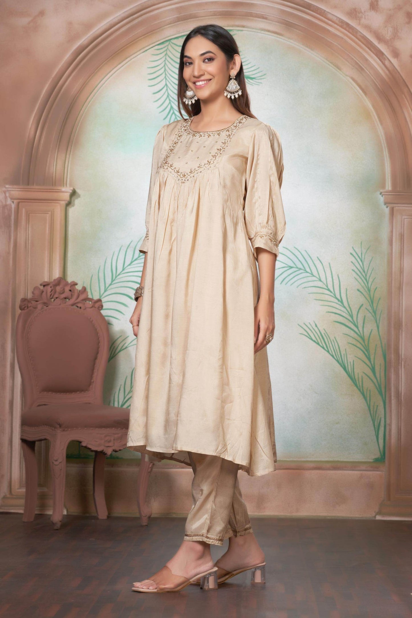 Gayatri Muslin Beige & Red Kurta Set with Dupatta – Elegant Festive Ethnic Wear for Women
