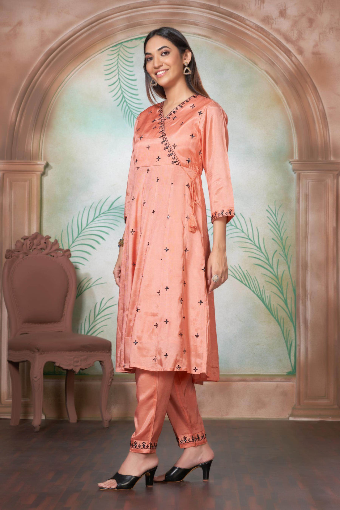 Ruqaiya Women's Purple & Peach Viscose Kurta Set with Dupatta - Elegant Ethnic Wear for Festive & Casual Occasions