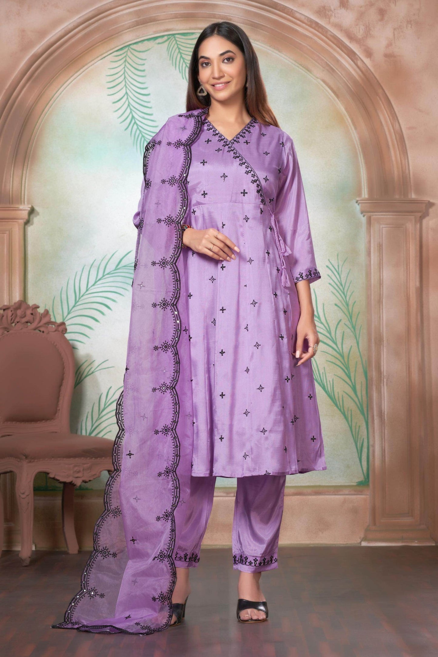 Ruqaiya Women's Purple & Peach Viscose Kurta Set with Dupatta - Elegant Ethnic Wear for Festive & Casual Occasions