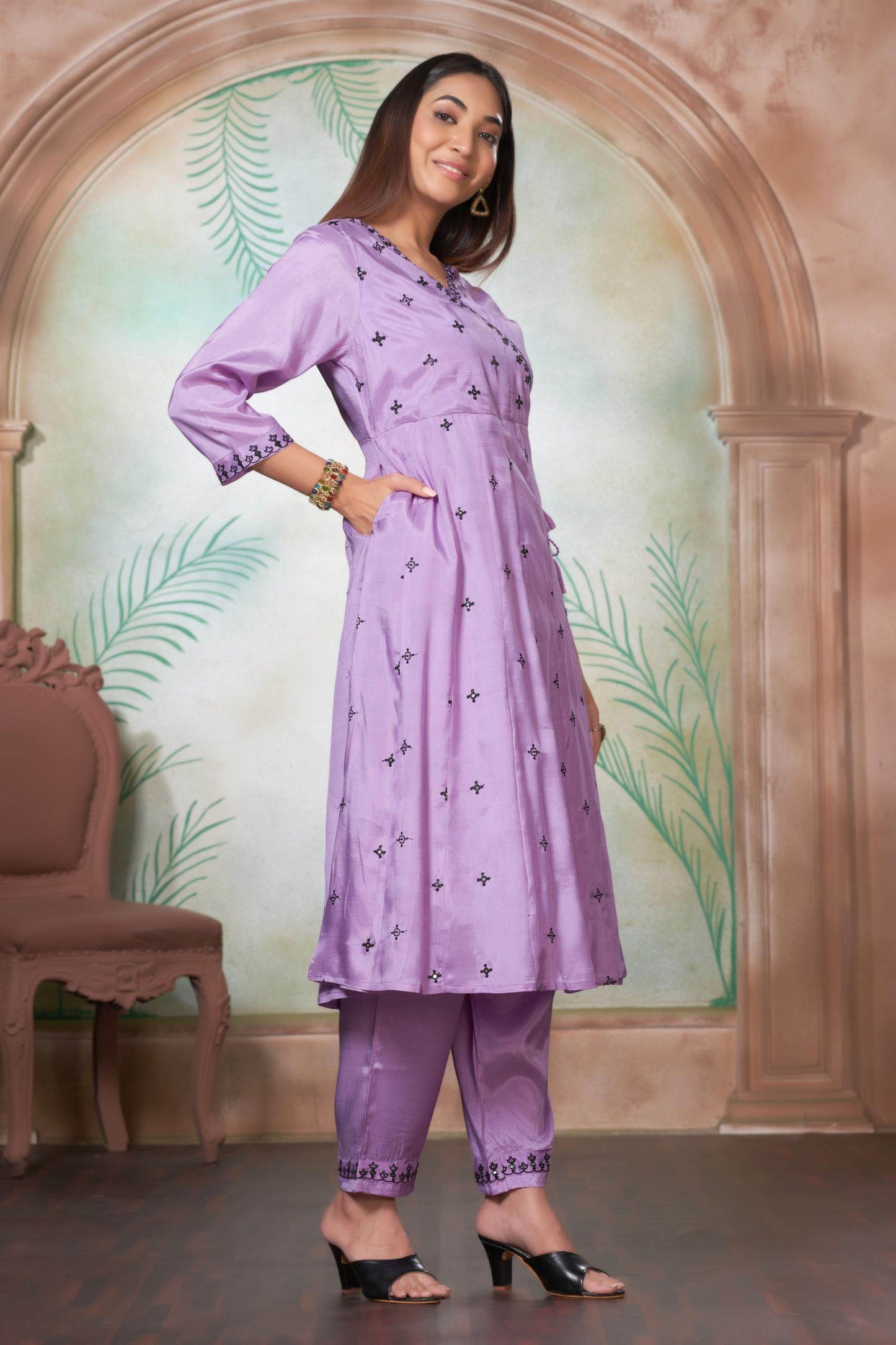 Ruqaiya Women's Purple & Peach Viscose Kurta Set with Dupatta - Elegant Ethnic Wear for Festive & Casual Occasions