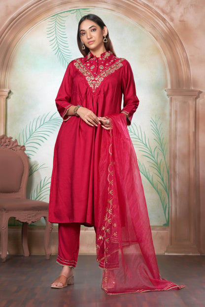 Himawari Muslin Kurta Set - Fuschia & Mustard Women's Ethnic Suit with Dupatta