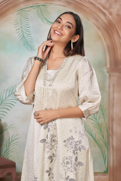 Reeva Silk White and Lavender Kurta Set - Elegant Handcrafted Ethnic Wear