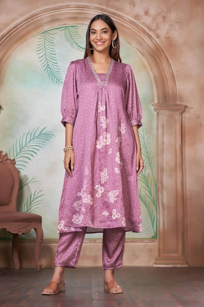 Reeva Silk White and Lavender Kurta Set - Elegant Handcrafted Ethnic Wear
