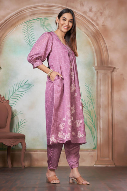 Reeva Silk White and Lavender Kurta Set - Elegant Handcrafted Ethnic Wear