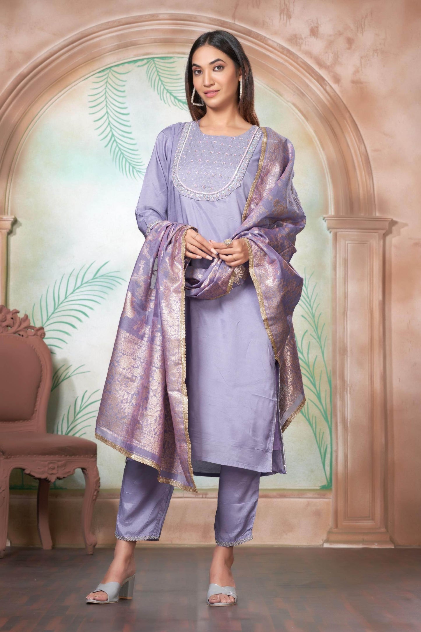 Purple Muslin Festive Kurta Set with Dupatta | The Sehmat Collection - warehousetech13