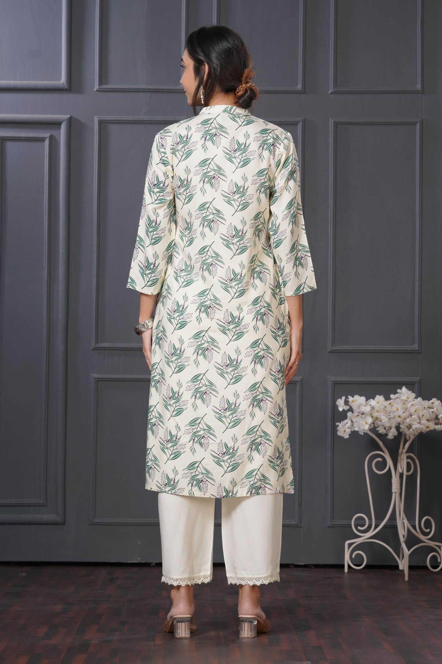 Elegant Lily Green & Olive Floral Kurta Set by BulBul in Rayon Fabric
