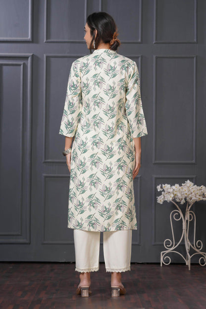 Elegant Lily Green & Olive Floral Kurta Set by BulBul in Rayon Fabric