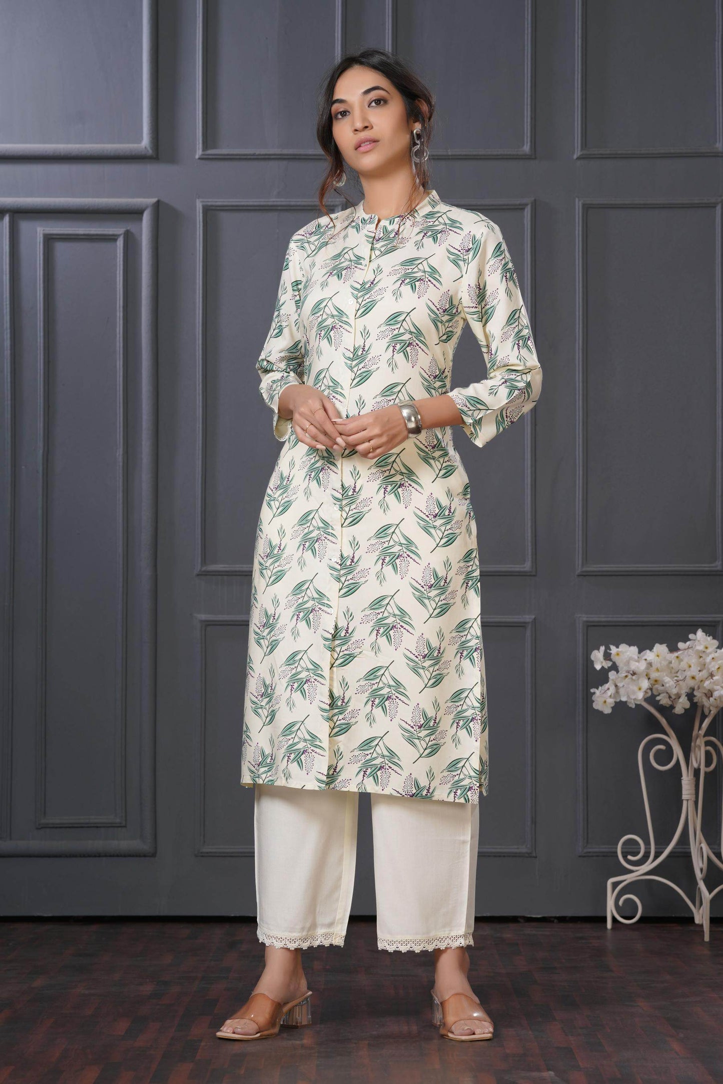 Elegant Lily Green & Olive Floral Kurta Set by BulBul in Rayon Fabric