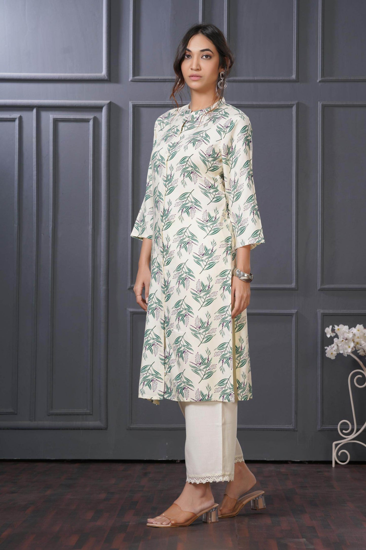 Elegant Lily Green & Olive Floral Kurta Set by BulBul in Rayon Fabric