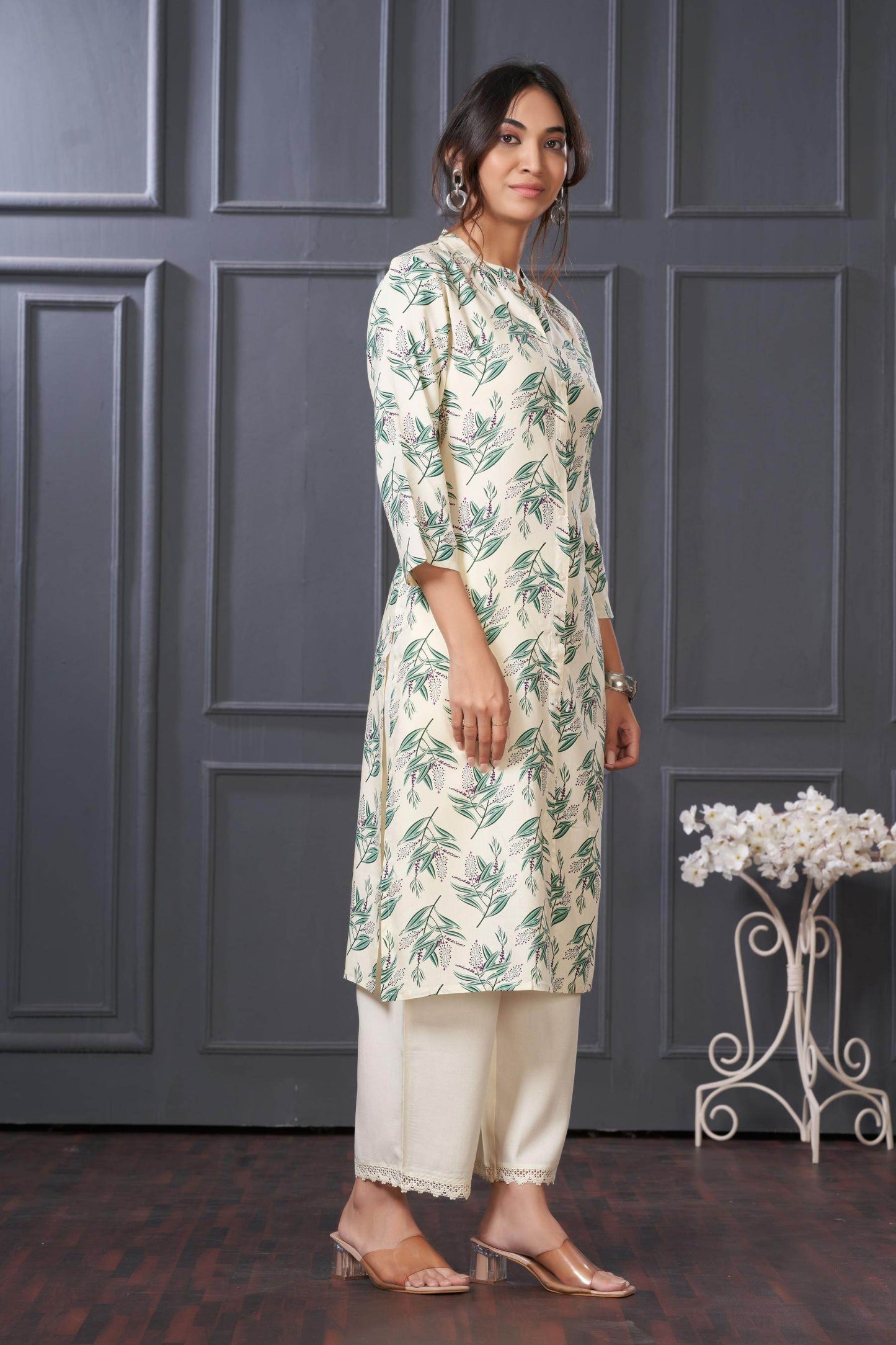 Elegant Lily Green & Olive Floral Kurta Set by BulBul in Rayon Fabric