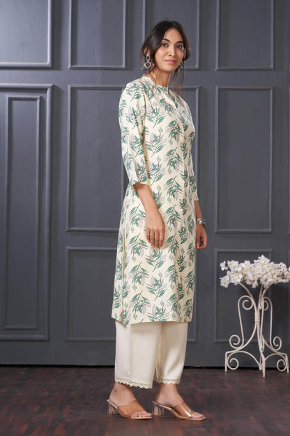 Elegant Lily Green & Olive Floral Kurta Set by BulBul in Rayon Fabric