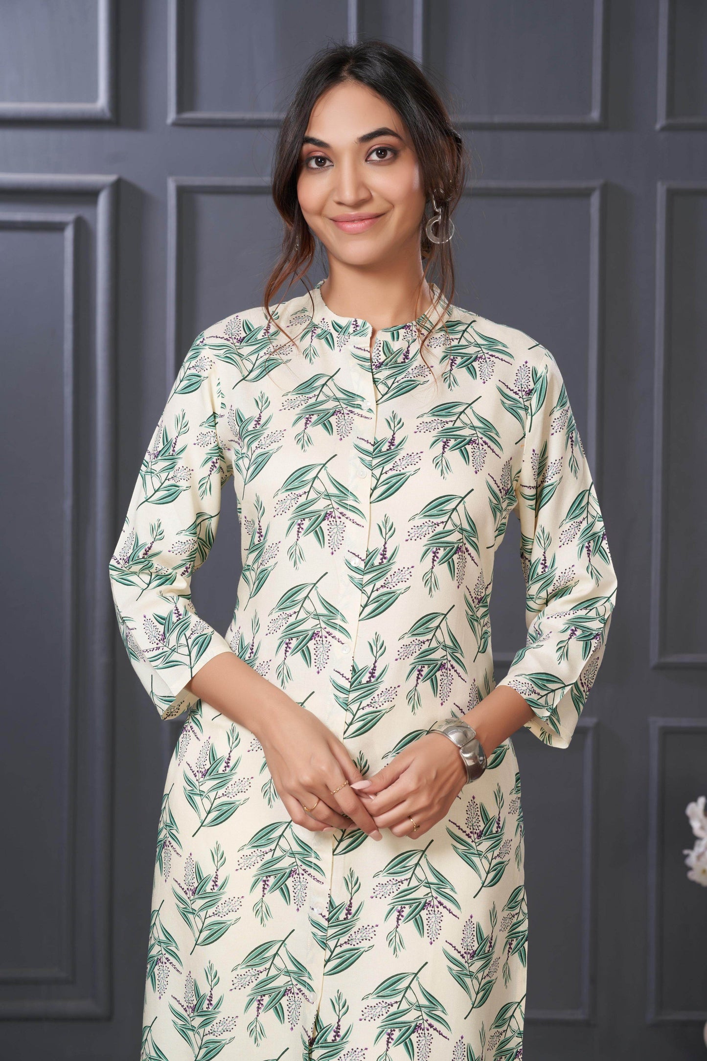 Elegant Lily Green & Olive Floral Kurta Set by BulBul in Rayon Fabric