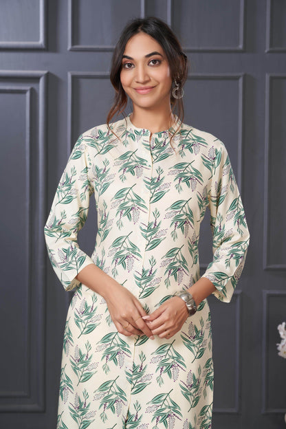 Elegant Lily Green & Olive Floral Kurta Set by BulBul in Rayon Fabric