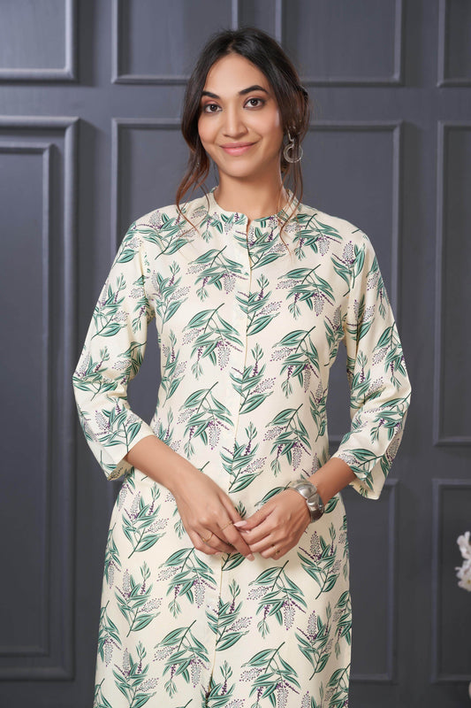 Elegant Lily Green & Olive Floral Kurta Set by BulBul in Rayon Fabric