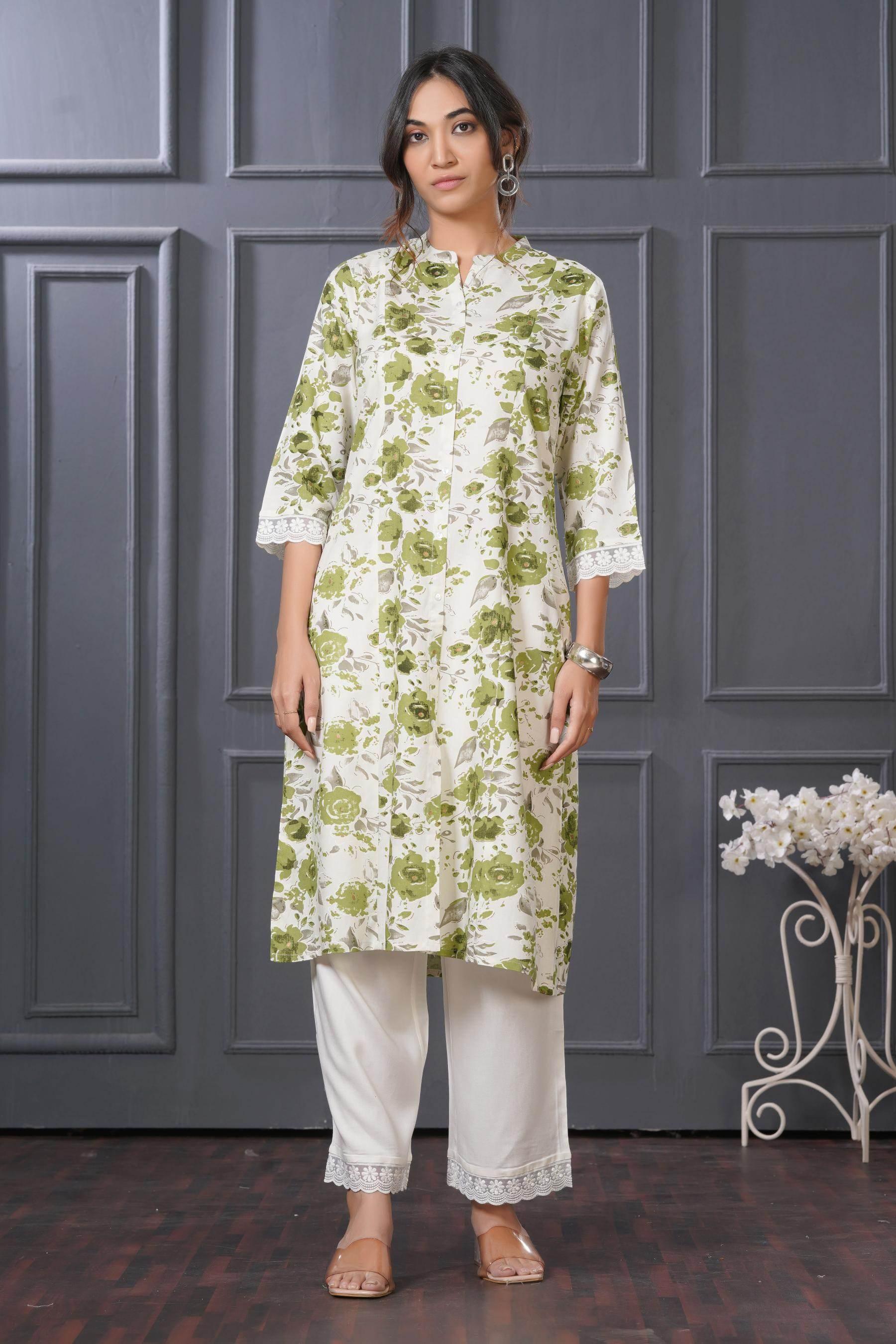 BulBul Lily Green & Purple Floral Printed Rayon Kurta Set for Women | Elegant Ethnic Wear with Dupatta - warehousetech13