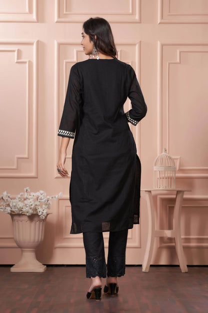 Samantha Black Cotton Kurta Set with Dupatta for Women