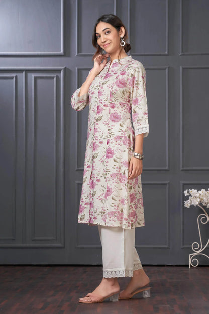 BulBul Lily Green & Purple Floral Printed Rayon Kurta Set for Women | Elegant Ethnic Wear with Dupatta - warehousetech13