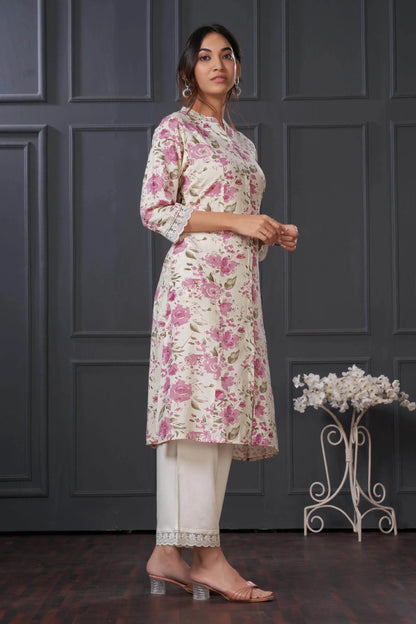 BulBul Lily Green & Purple Floral Printed Rayon Kurta Set for Women | Elegant Ethnic Wear with Dupatta - warehousetech13