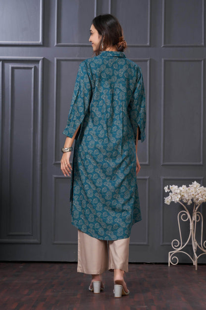 BulBul Lily Teal & Green Printed Rayon Kurta Set for Women | Stylish Ethnic Wear | Comfortable Daily & Festive Outfit - warehousetech13