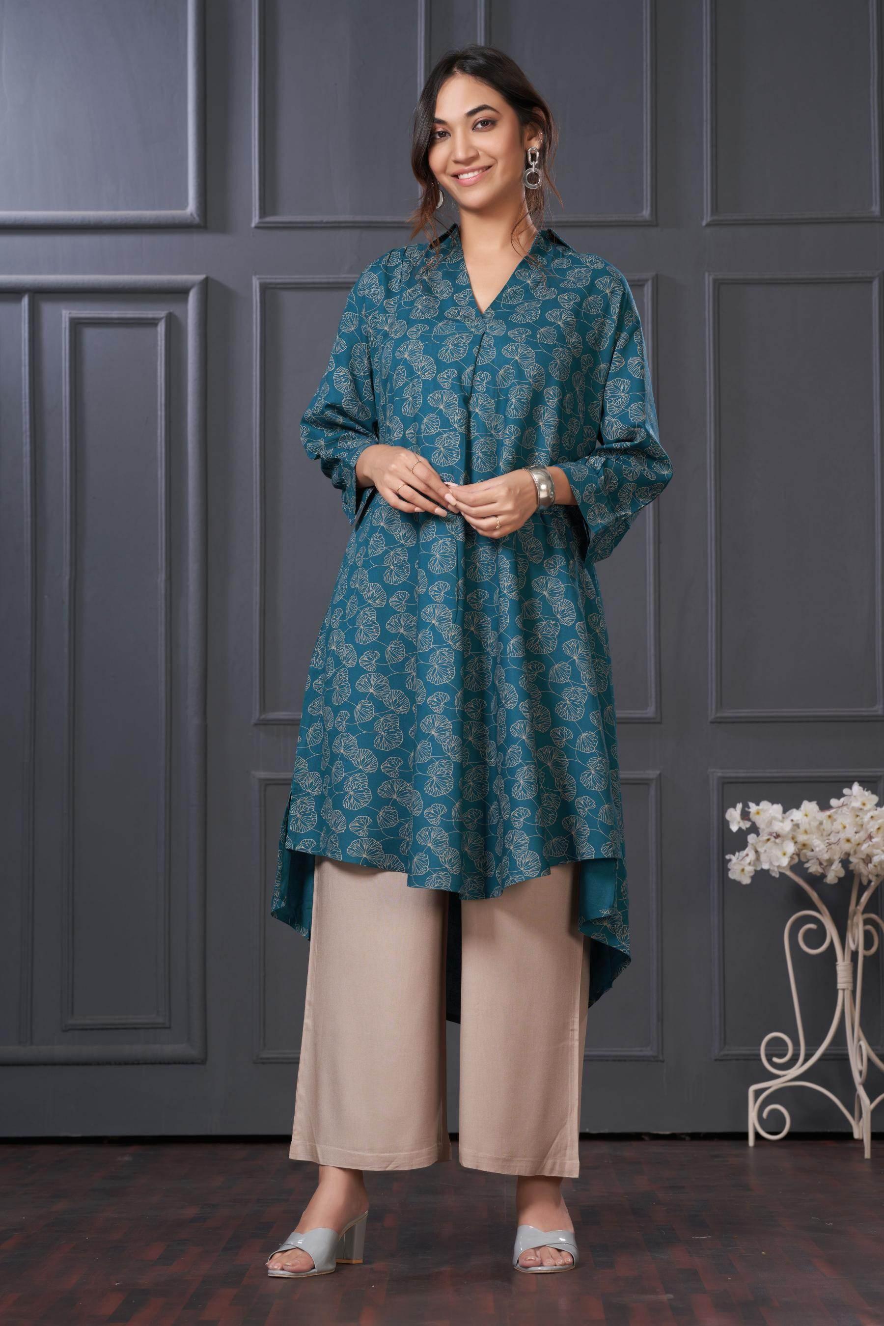 BulBul Lily Teal & Green Printed Rayon Kurta Set for Women | Stylish Ethnic Wear | Comfortable Daily & Festive Outfit - warehousetech13