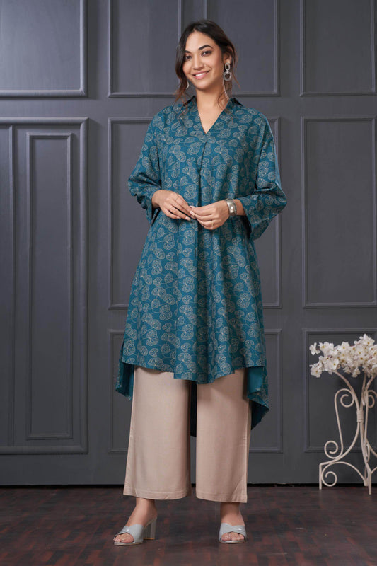 BulBul Lily Teal & Green Printed Rayon Kurta Set for Women | Stylish Ethnic Wear | Comfortable Daily & Festive Outfit