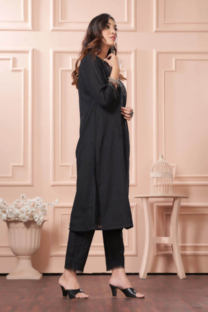 Elegant Maryam Black Cotton Kurta Set with Dupatta for Women