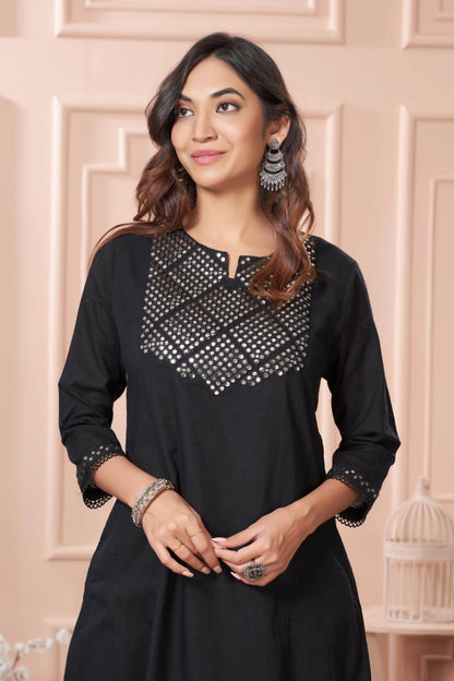 Elegant Maryam Black Cotton Kurta Set with Dupatta for Women