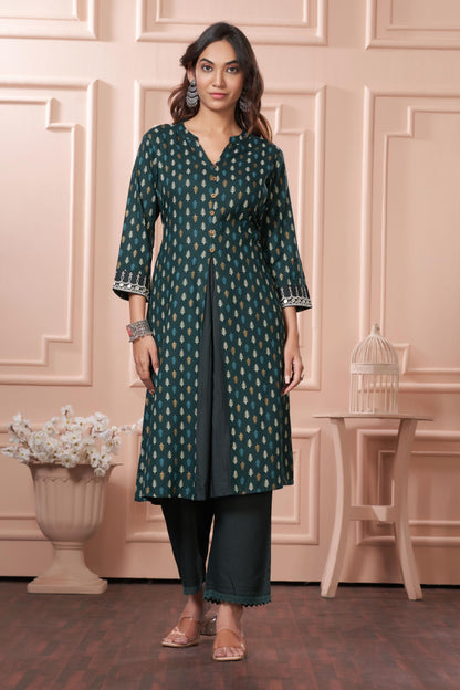 BulBul Lily Wine & Green Printed Rayon Kurta Set for Women | Elegant Ethnic Wear with Dupatta