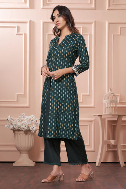 BulBul Lily Wine & Green Printed Rayon Kurta Set for Women | Elegant Ethnic Wear with Dupatta