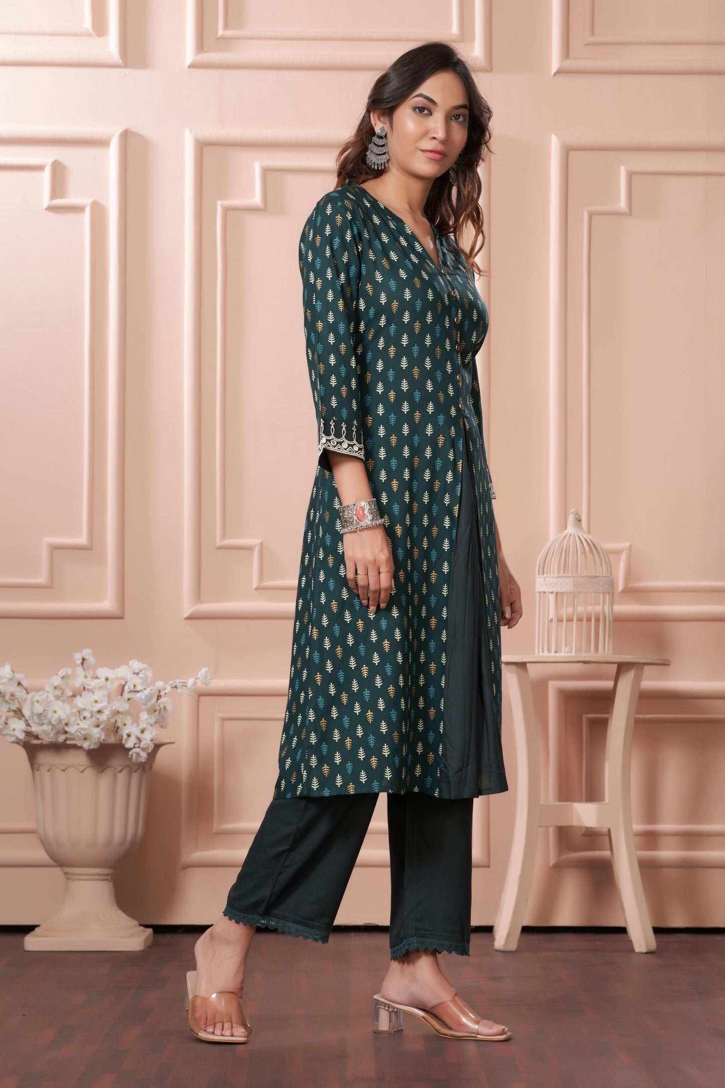 BulBul Lily Wine & Green Printed Rayon Kurta Set for Women | Elegant Ethnic Wear with Dupatta