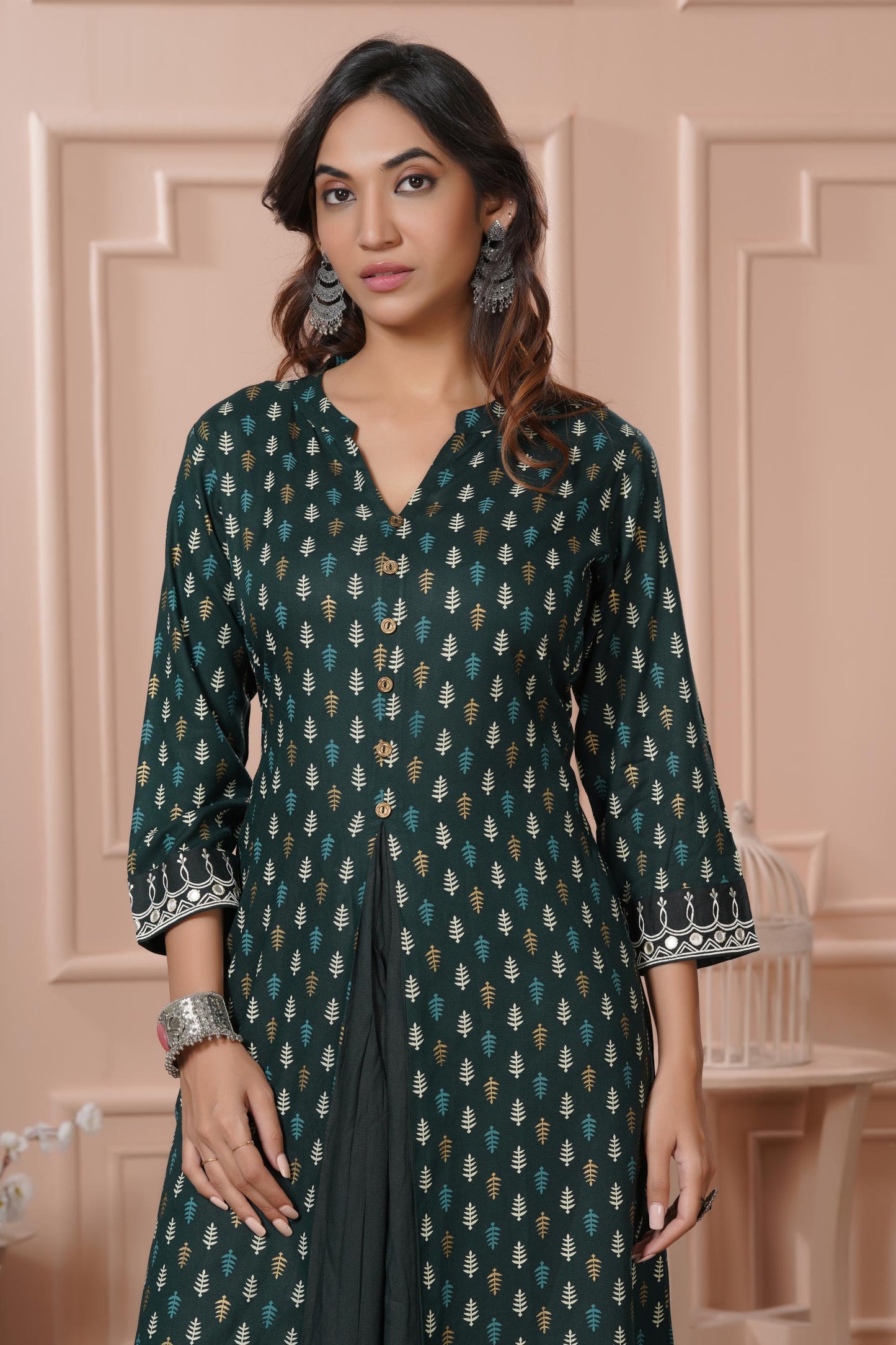 BulBul Lily Wine & Green Printed Rayon Kurta Set for Women | Elegant Ethnic Wear with Dupatta