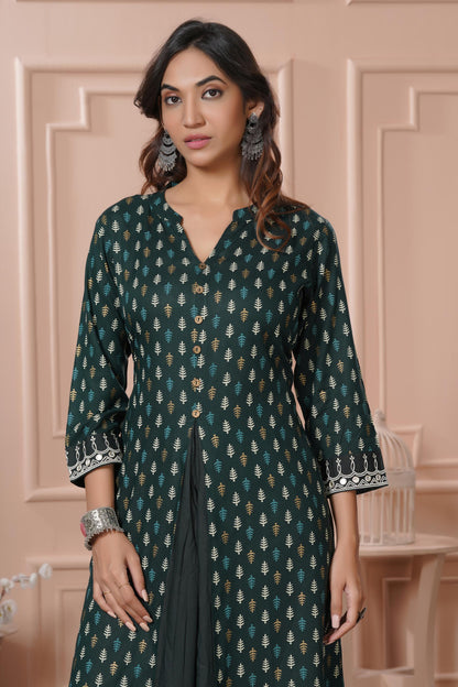 BulBul Lily Wine & Green Printed Rayon Kurta Set for Women | Elegant Ethnic Wear with Dupatta