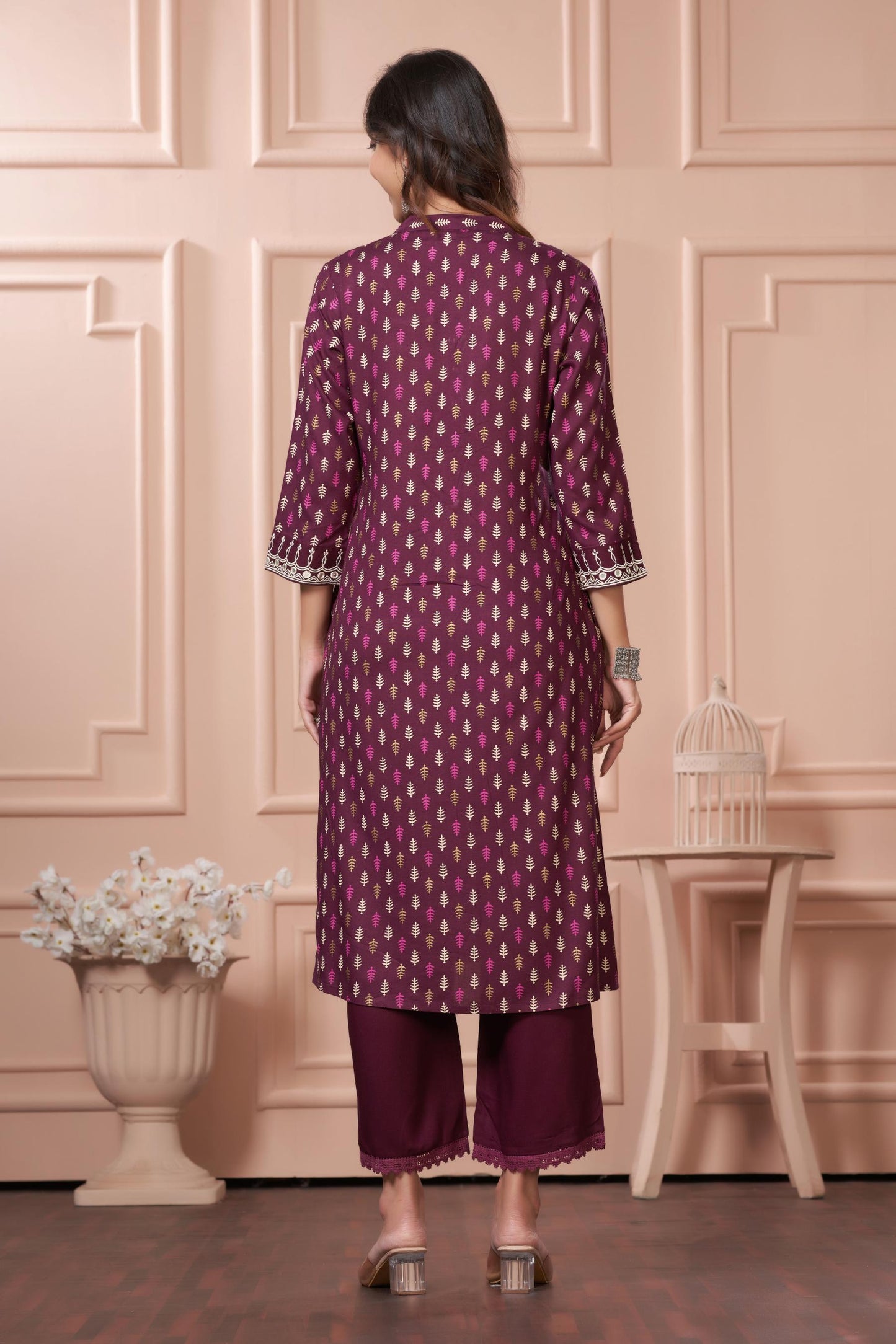 BulBul Lily Wine & Green Printed Rayon Kurta Set for Women | Elegant Ethnic Wear with Dupatta