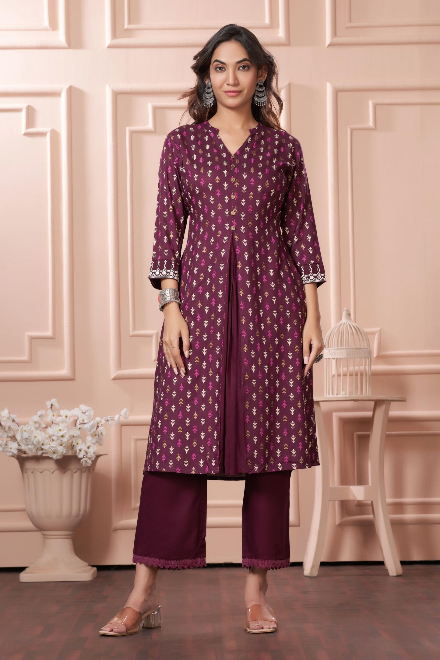 BulBul Lily Wine & Green Printed Rayon Kurta Set for Women | Elegant Ethnic Wear with Dupatta