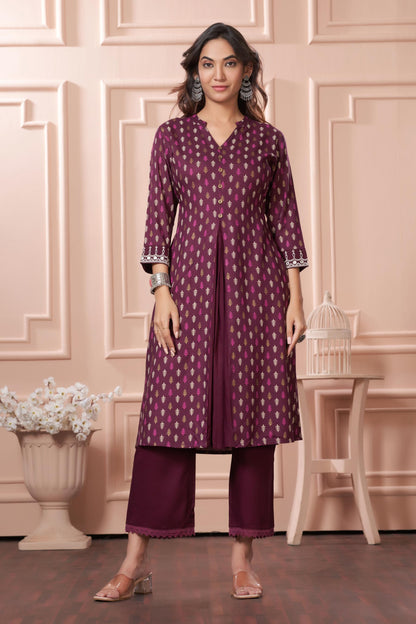 BulBul Lily Wine & Green Printed Rayon Kurta Set for Women | Elegant Ethnic Wear with Dupatta