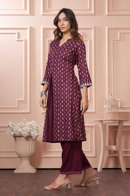 BulBul Lily Wine & Green Printed Rayon Kurta Set for Women | Elegant Ethnic Wear with Dupatta