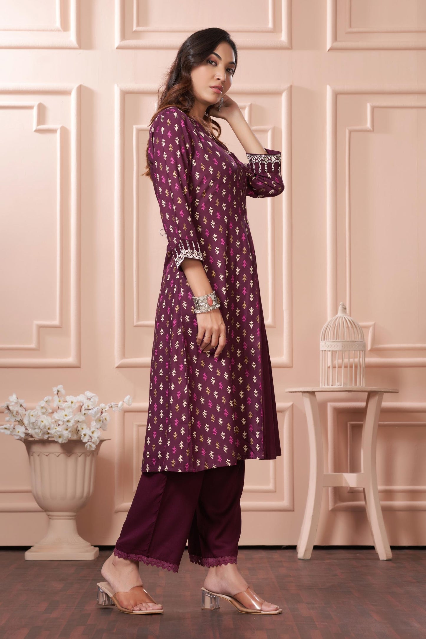 BulBul Lily Wine & Green Printed Rayon Kurta Set for Women | Elegant Ethnic Wear with Dupatta