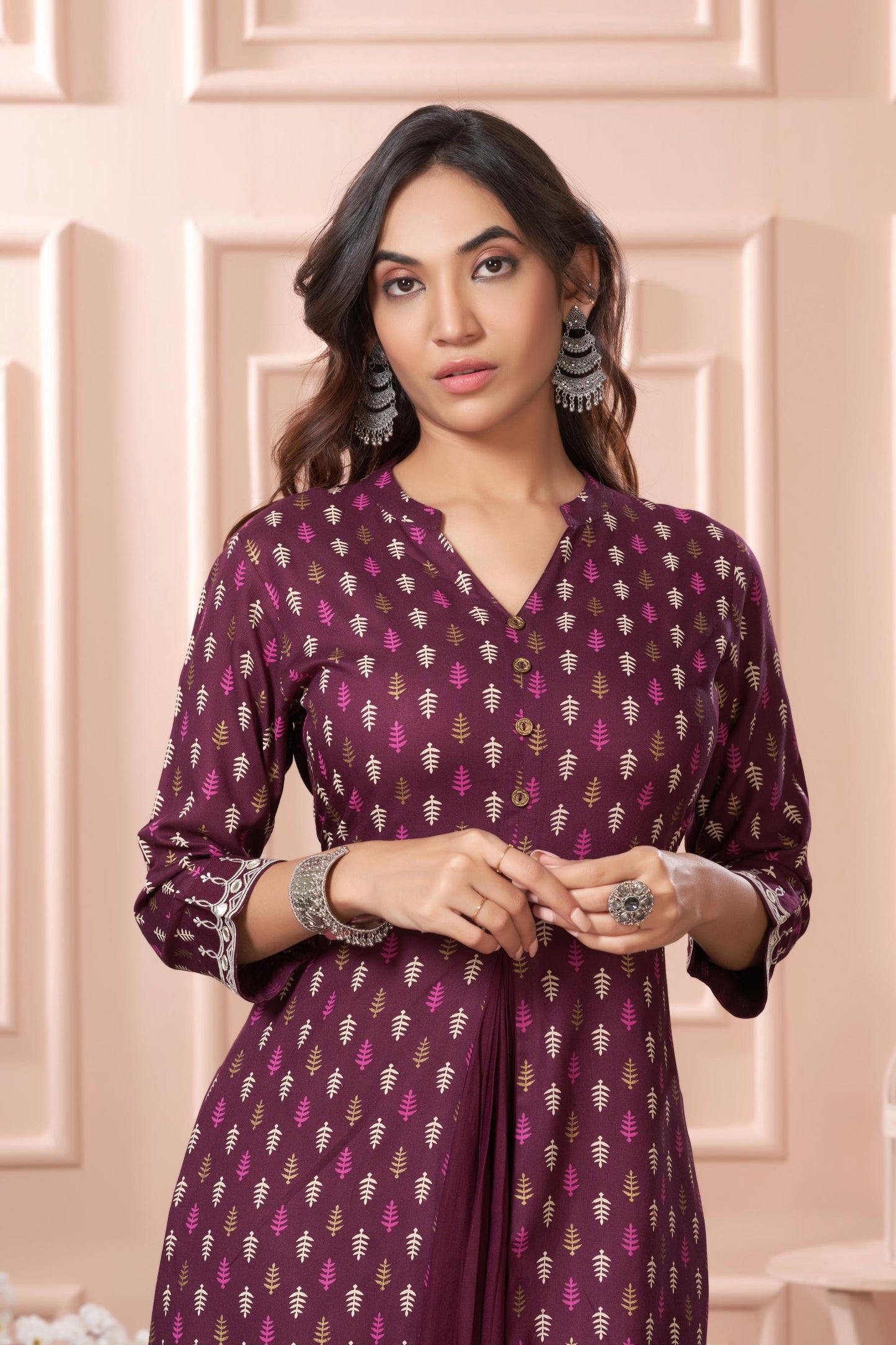 BulBul Lily Wine & Green Printed Rayon Kurta Set for Women | Elegant Ethnic Wear with Dupatta