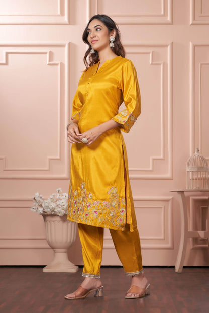 Kuhu Green & Mustard Viscose Kurta Set with Dupatta - Festive Ethnic Wear