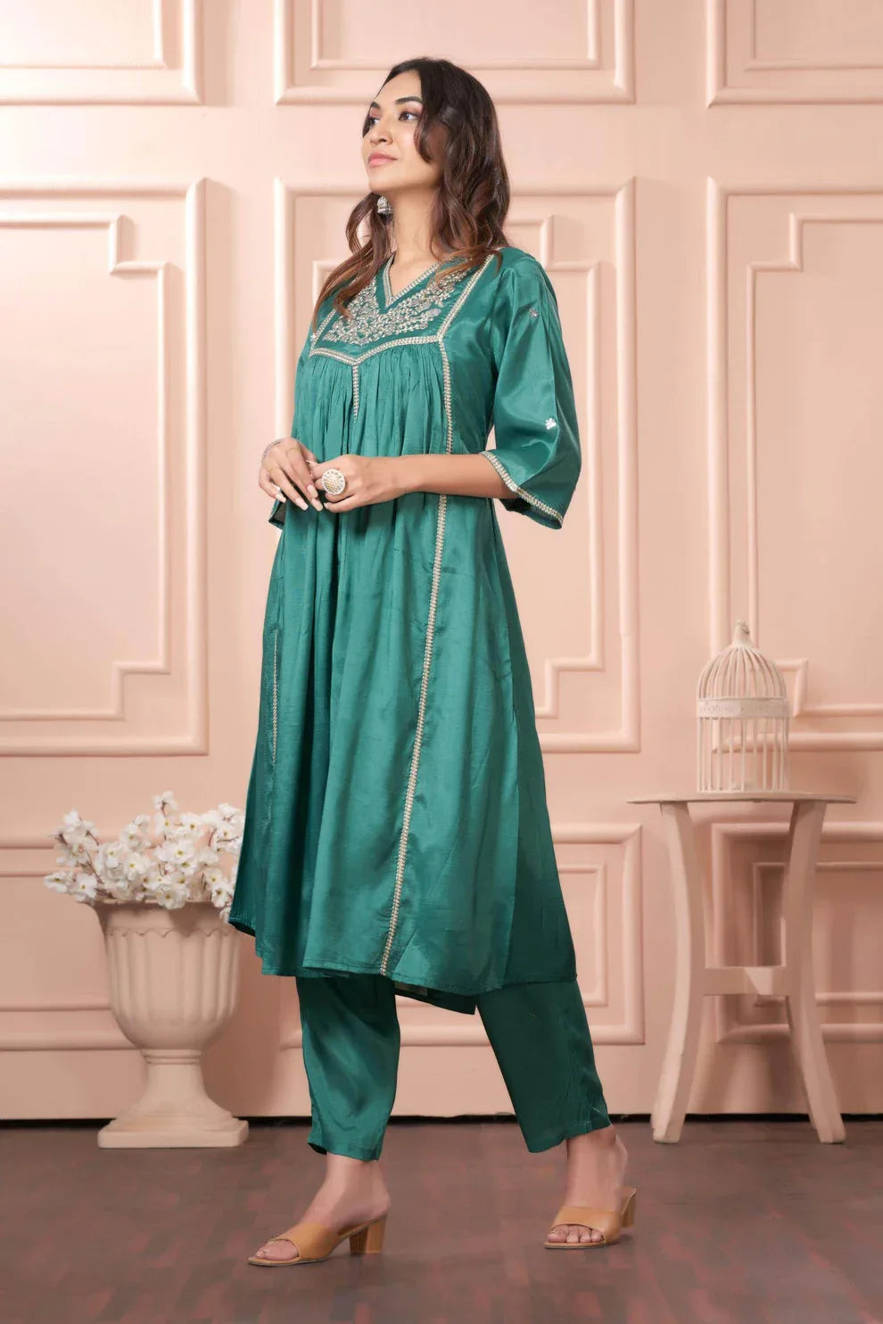 Praniti Viscose Mustard & Green Kurta Set with Dupatta for Women | Festive Ethnic Wear - warehousetech13