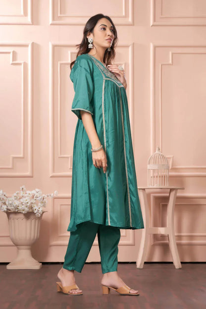 Praniti Viscose Mustard & Green Kurta Set with Dupatta for Women | Festive Ethnic Wear - warehousetech13