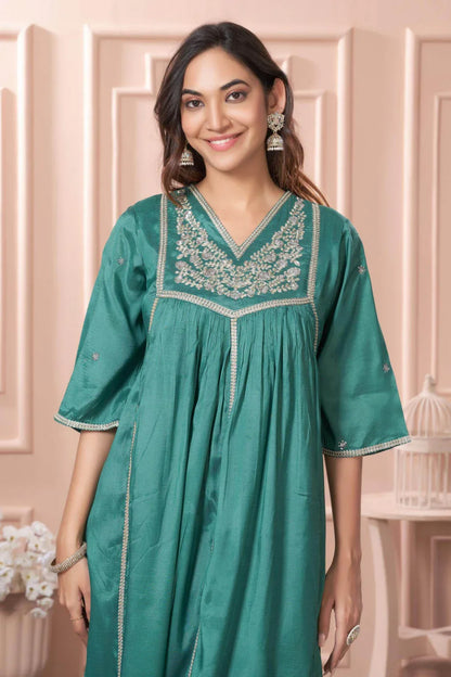 Praniti Viscose Mustard & Green Kurta Set with Dupatta for Women | Festive Ethnic Wear - warehousetech13