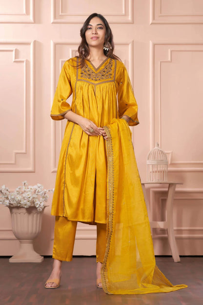 Praniti Viscose Mustard & Green Kurta Set with Dupatta for Women | Festive Ethnic Wear - warehousetech13